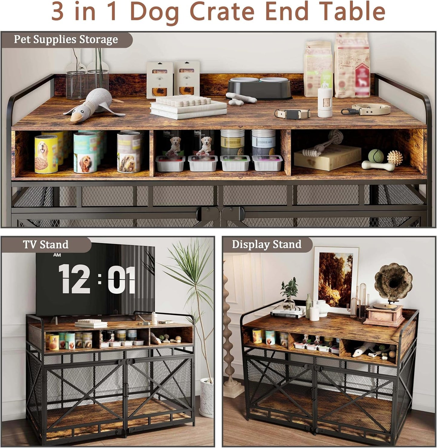 Dog Crate Furniture, 48" Heavy Duty Wooden Dog Crate End Table, XL Dog Kennel Furniture Large Breed, Decorative Dog Kenne Indoor with 3 Drawers & Steel Tubes 48" L X28 W X36 H (Rustic Brown)