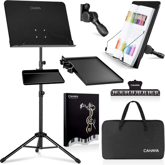Dual Use Sheet Music Stand with Clamp-On Tray & Desktop Book Stand with Carrying Bag, Sheet Music Folder, Music Stand with Shelf, and Clip for Guitar, Ukulele, Violin Players CY0194+CY0320