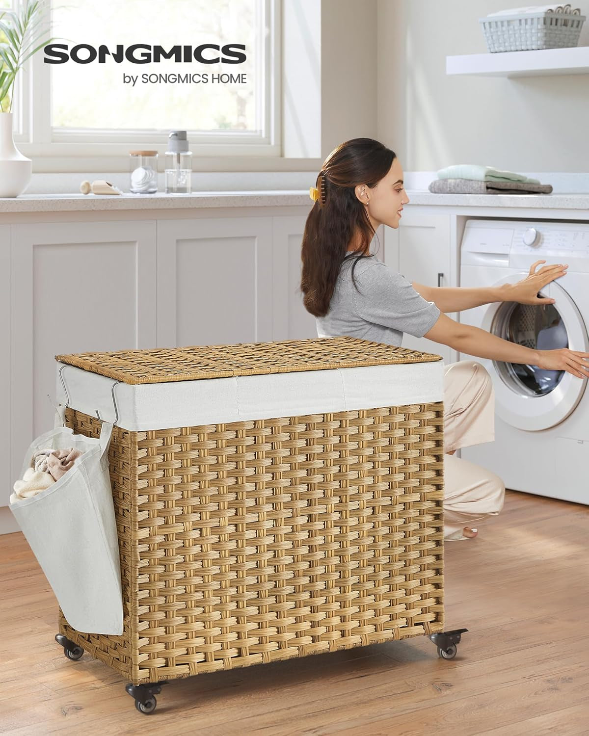 Laundry Hamper with Lid, 42.3 Gallons (160 L), Rolling Laundry Basket with Wheels, 3-Section Synthetic Rattan, Removable Liner, Bedroom, 29.9 X 13 X 26 Inches, Natural ULCB365N01