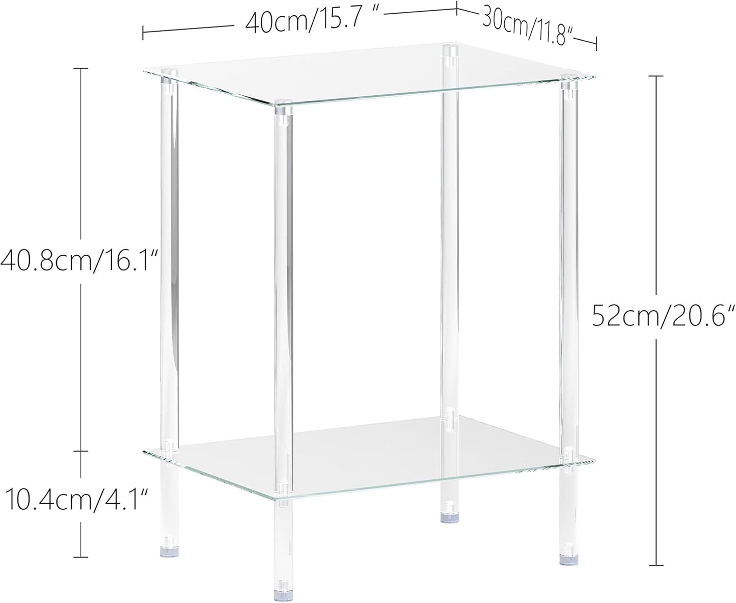Tempered Glass Side Tables Set of 2 Acrylic End Table with 2 Storage Shelve Transparent Bedside Simplicity Clear 2-Tier Nightstands Small Spaces Office Bedroom Living Room Study Transparent ET-008TR