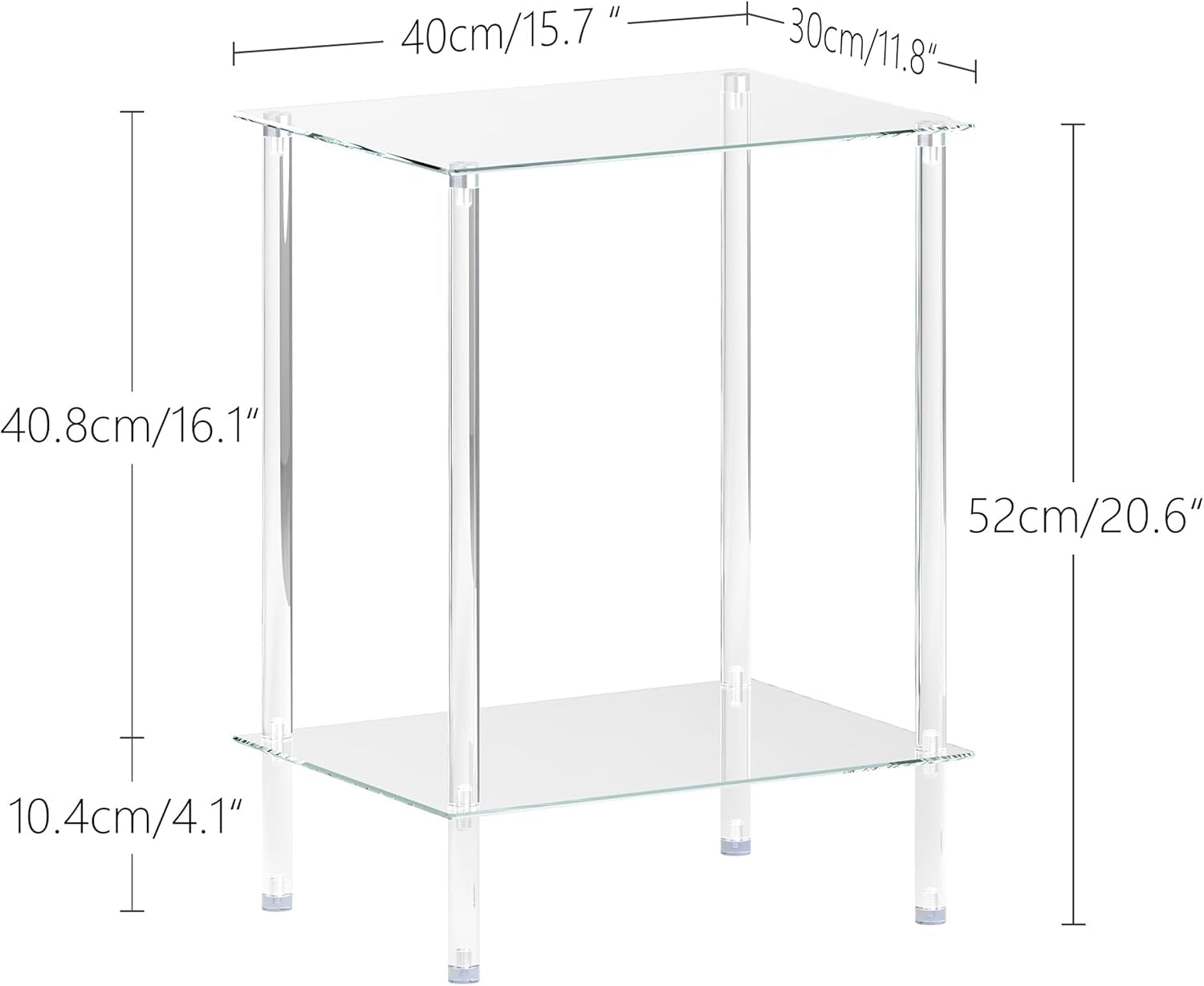 Tempered Glass Side Tables Set of 2 Acrylic End Table with 2 Storage Shelve Transparent Bedside Simplicity Clear 2-Tier Nightstands Small Spaces Office Bedroom Living Room Study Transparent ET-008TR