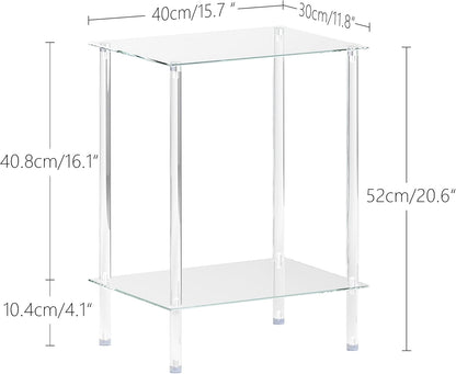 Tempered Glass Side Tables Set of 2 Acrylic End Table with 2 Storage Shelve Transparent Bedside Simplicity Clear 2-Tier Nightstands Small Spaces Office Bedroom Living Room Study Transparent ET-008TR