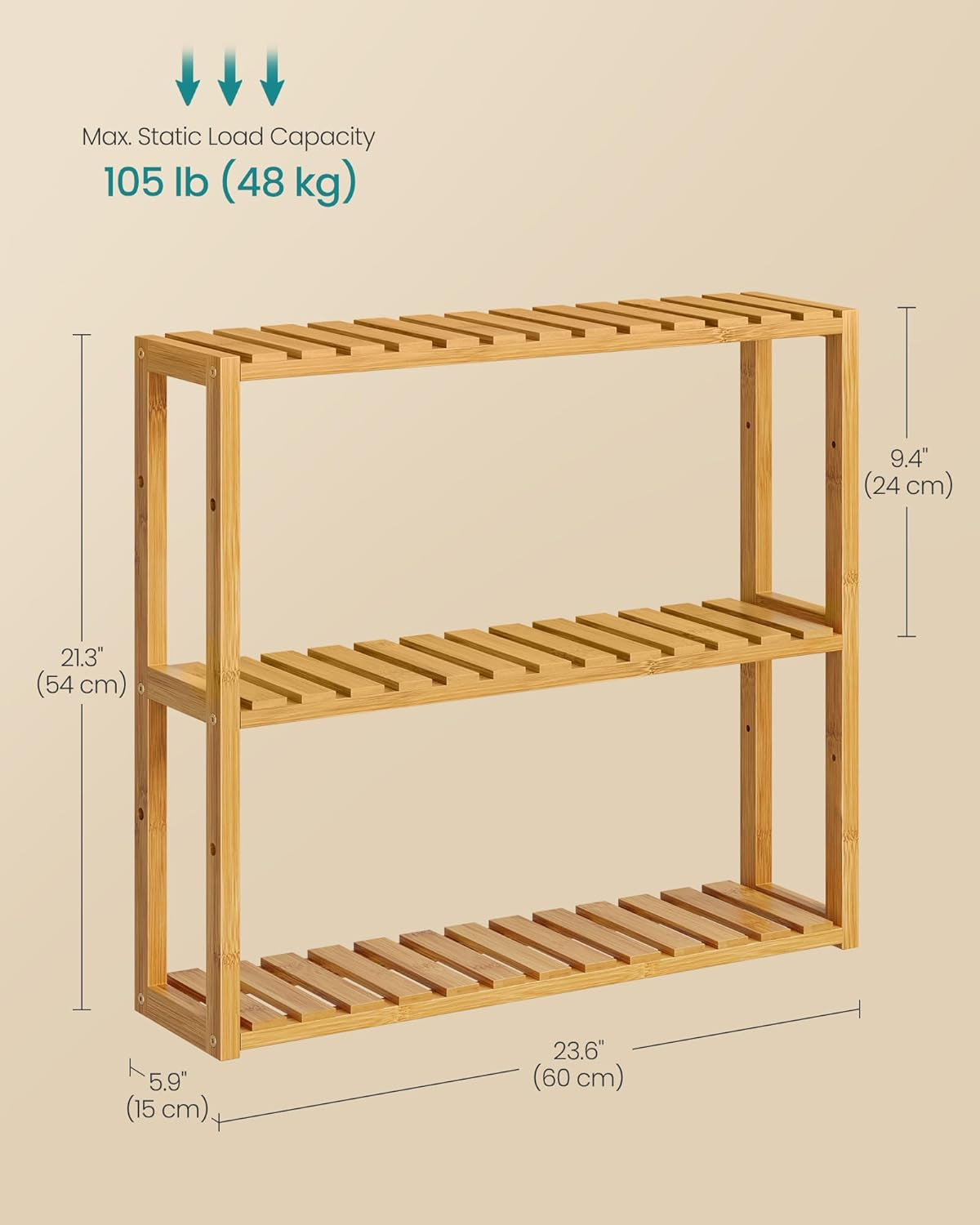 Bamboo Bathroom Shelf, 3-Tier Adjustable Plants Rack, Wall-Mounted or Stand, in the Living Room, Balcony, Kitchen, 5.9 X 23.6 X 21.3 Inches, Natural UBCB13Y