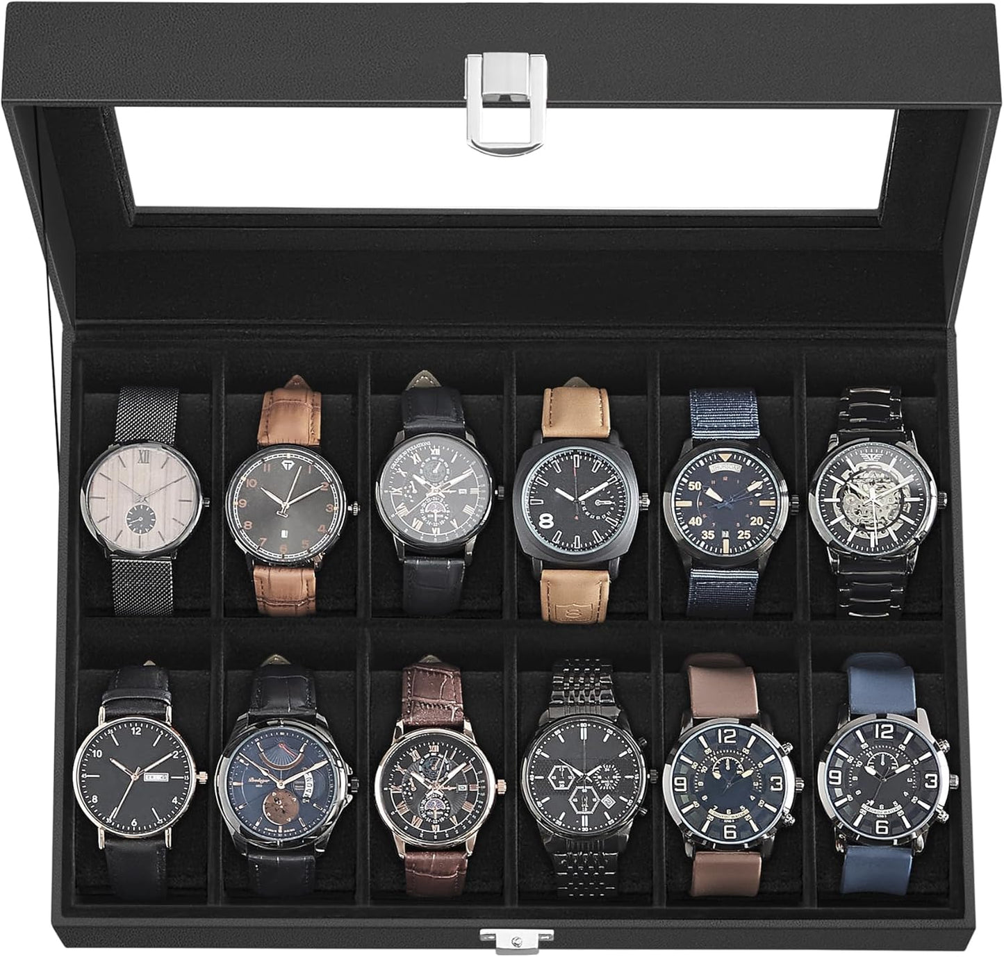 Watch Box, 12-Slot Watch Case with Large Glass Lid, Removable Watch Pillows, Watch Box Organizer, Gift for Loved Ones, Black Synthetic Leather, Wine Red Lining UJWB120R01