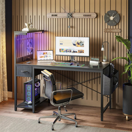 Gaming Desk 40 Inch with Power Outlet and LED Light, Computer Desk with Reversible Shelves and Storage Drawer, Small PC Desk for Home Office Table with Bag, Carbon Fiber Black