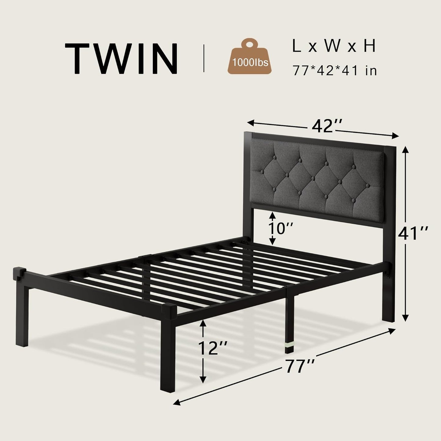 Twin Bed Frame, Platform Metal Bed Frame with Button Tufted Linen Upholstered Headboard, Sturdy Steel Slats, 12" Underbed Storage, No Box Spring Needed, Dark Grey