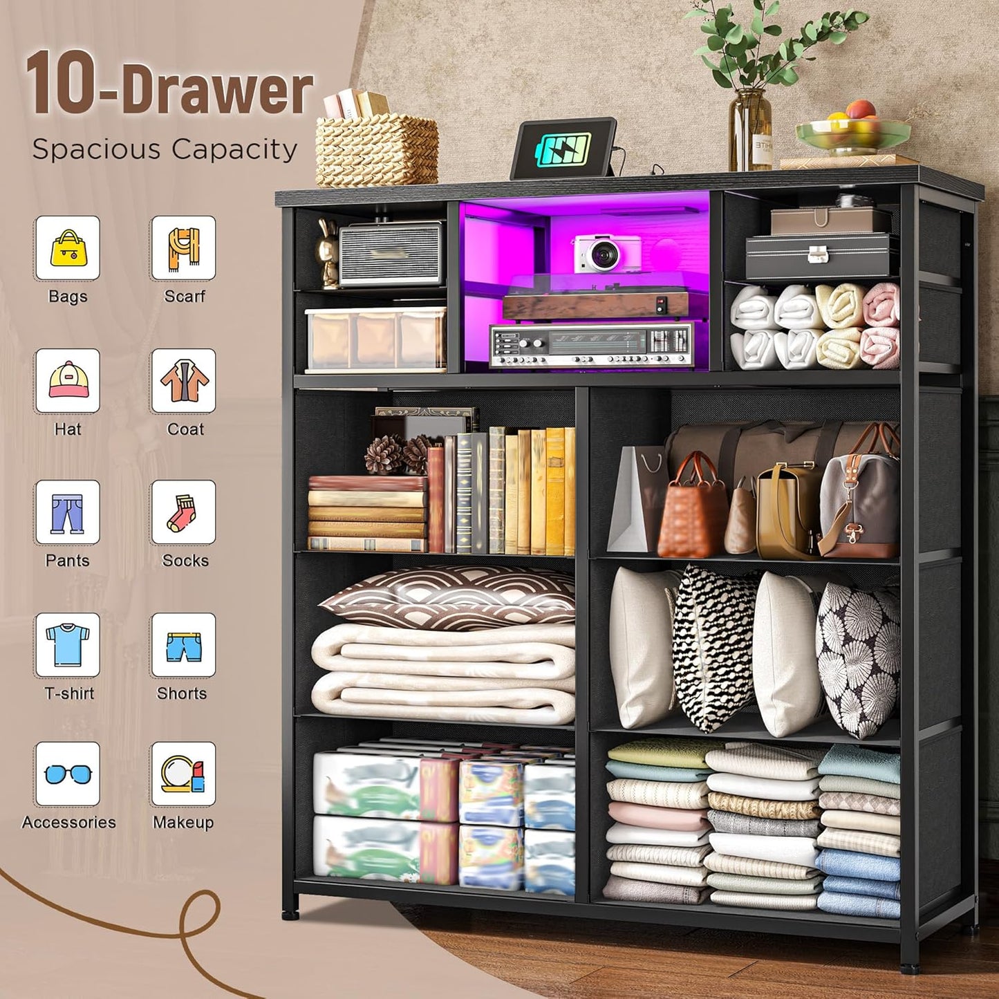 Dresser for Bedroom with 10 Drawers Featuring LED Light and Power Outlet, Fabric Dressers & Chest of Drawers with Open Shelves for Hallway, Living Room, Metal Frame,Wood Top,Grain Black