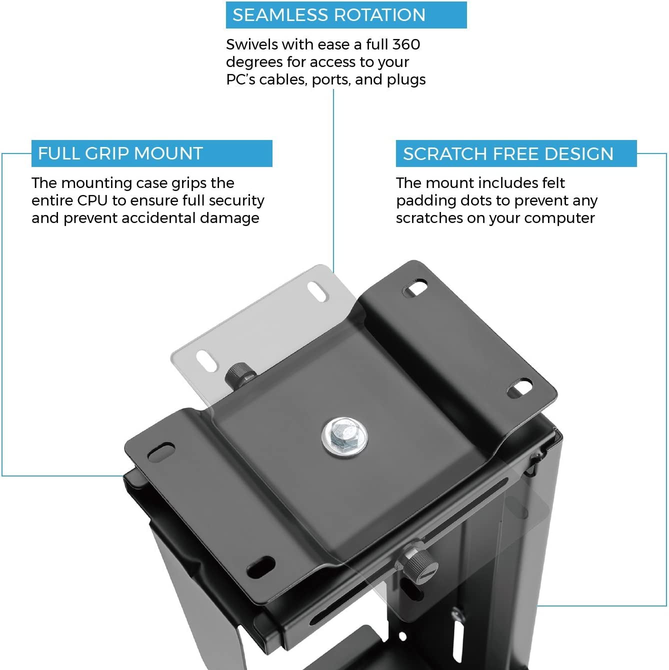 Adjustable under Desk Computer Mount and Wall Mount, CPU Holder Fits Most PC or Computer Cases, Adjustable Height and Width, Full 360 Swivel, up to 22 Lb, Hardware Included