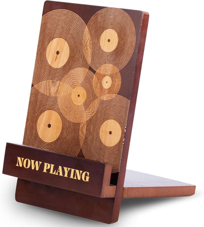 Now Playing Vinyl Record Stand – Stylish Vinyl Holder & Display for Albums – Premium Classic Wood with Engraved Design – Record Holder Stand & Accessories