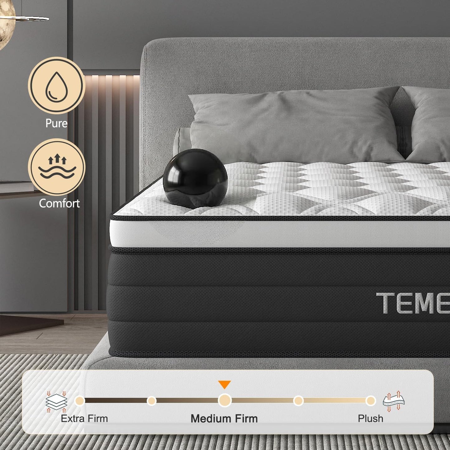 King Size Mattress, 14 Inch Hybrid Mattress in a Box with Individual Pocket Spring, Gel Memory Foam and Euro Top, Medium Firm Feel with Motion Isolation, Pressure Relief, Edge Support,Black