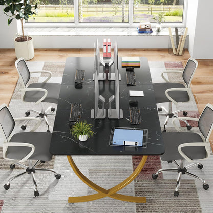 Executive Desk, 63” W X 31.5” D Large Office Desk, Modern Computer Desk Conference Table Meeting Room Table, Business Furniture for Home Office, Black and Gold