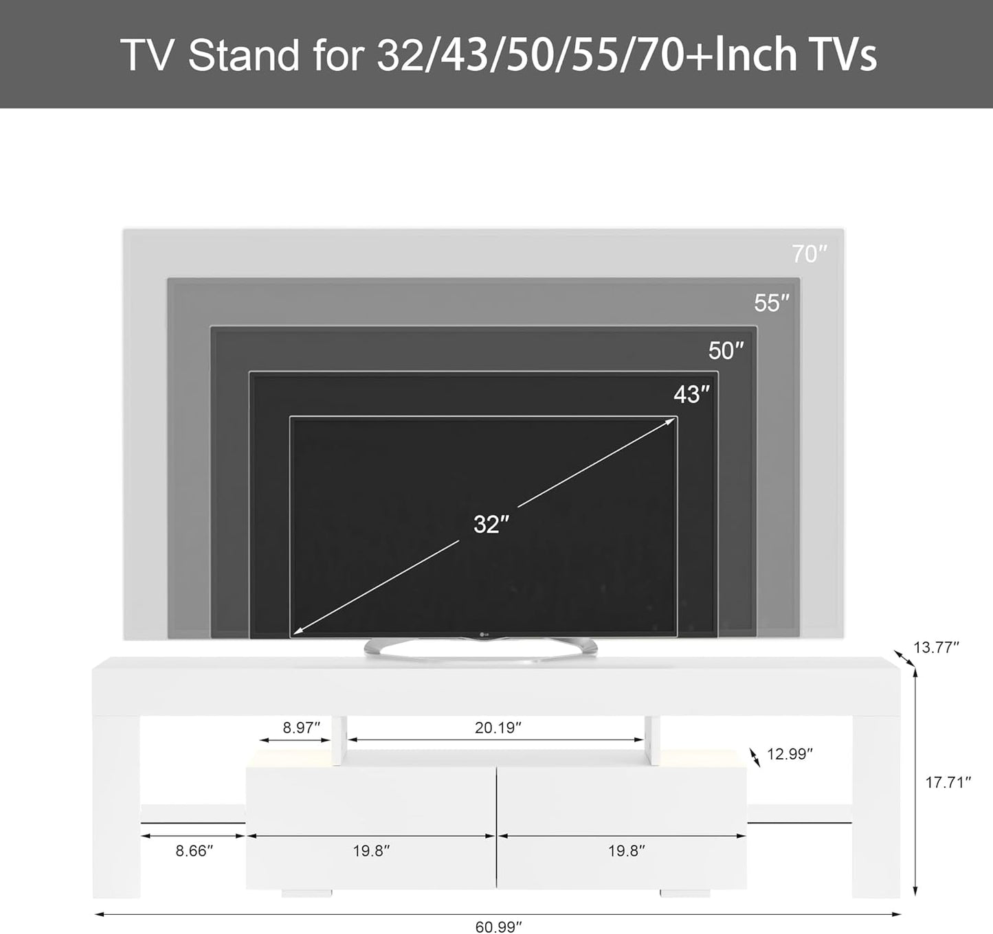TV Stand with LED Lights, Modern Entertainment Center Media and Open Shelf Console Table Storage Desk with 1 Drawer and Remote Control 20 Color LED Lights up to 70 Inch TV (White)