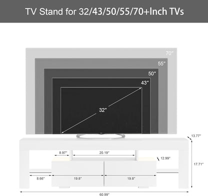 TV Stand with LED Lights, Modern Entertainment Center Media and Open Shelf Console Table Storage Desk with 1 Drawer and Remote Control 20 Color LED Lights up to 70 Inch TV (White)