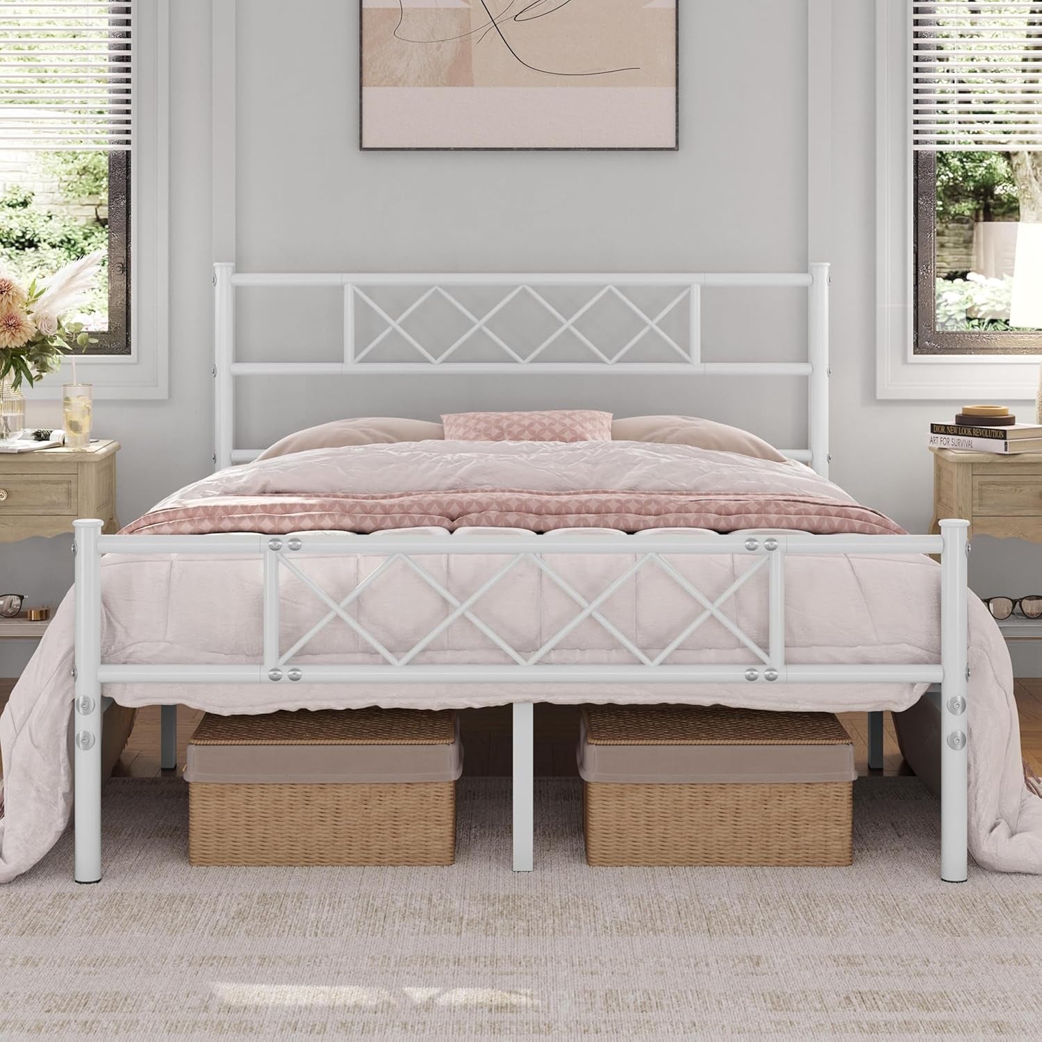 Full Size Metal Platform Bed Frame with Simple Headboard and Footboard, Mattress Foundation for under Bed Storage, Steel Slat Support, No Box Spring Needed, Easy Assembly, White