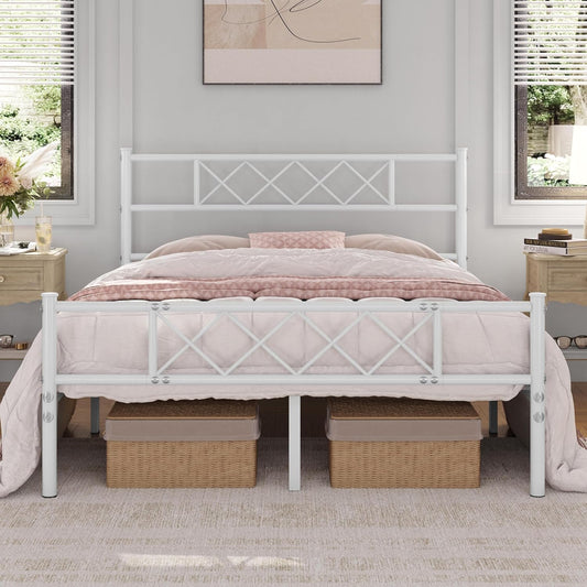 Full Size Metal Platform Bed Frame with Simple Headboard and Footboard, Mattress Foundation for under Bed Storage, Steel Slat Support, No Box Spring Needed, Easy Assembly, White
