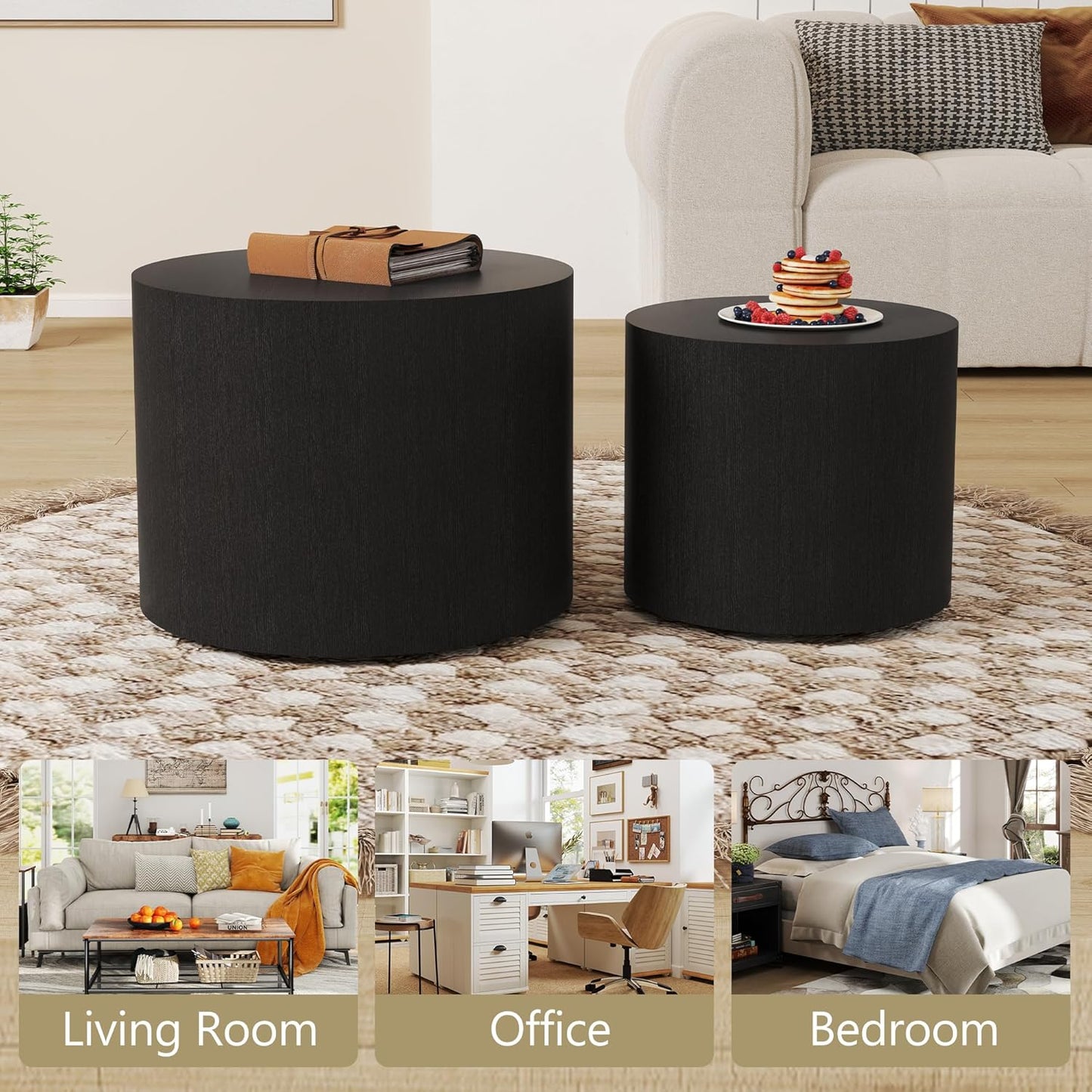 Nesting Coffee Table Set of 2, round Wood Black Coffee Tables Modern Circle Coffee Tables Side End Table for Small Spaces Living Room, Bedroom, Balcony, Office