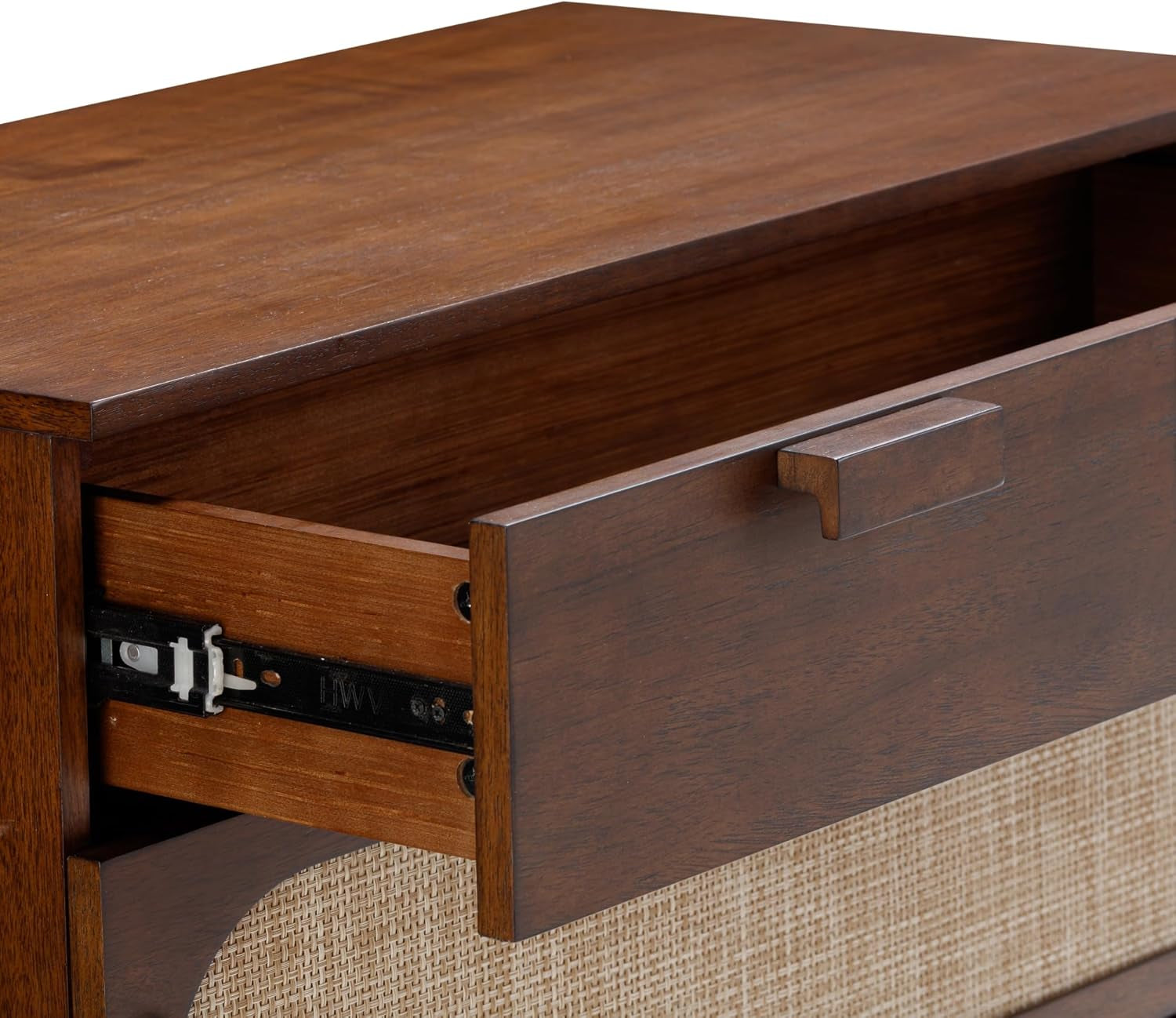 Paxton Mid-Century Modern Dresser for Bedroom, 3-Drawer Dresser with Solid Wood Frame and Textilene Rattan Accent, Dark Walnut