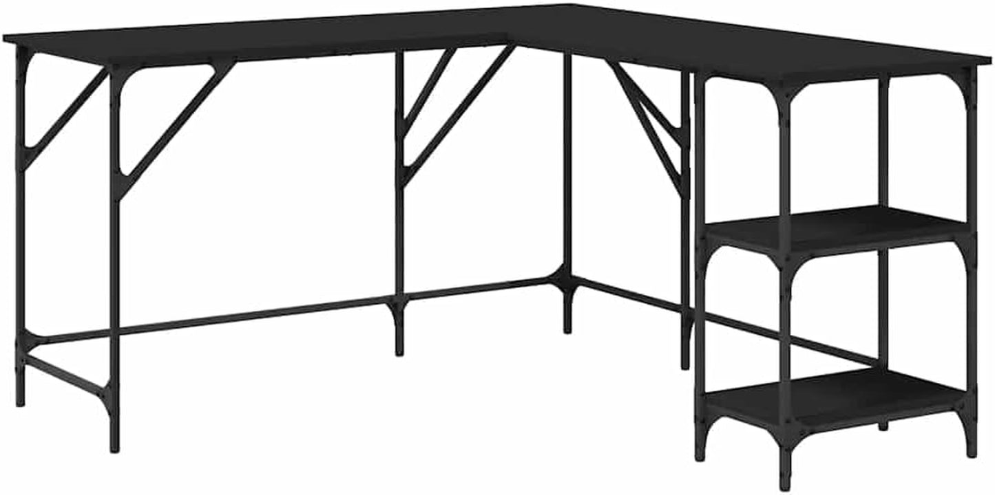 L-Shaped Computer Desk, 54.7-Inch Corner Gaming Table, Black Engineered Wood & Steel Frame, Adjustable Feet for Home Office, Modern Study Writing Workstation