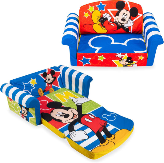 Kids Sofa, 2-In-1 Flip Open Foam Couch and Bed, Mickey Mouse - Pullout Sleeper for Folding Lounging, Sitting, and Napping - Ideal for Bedroom and Playroom