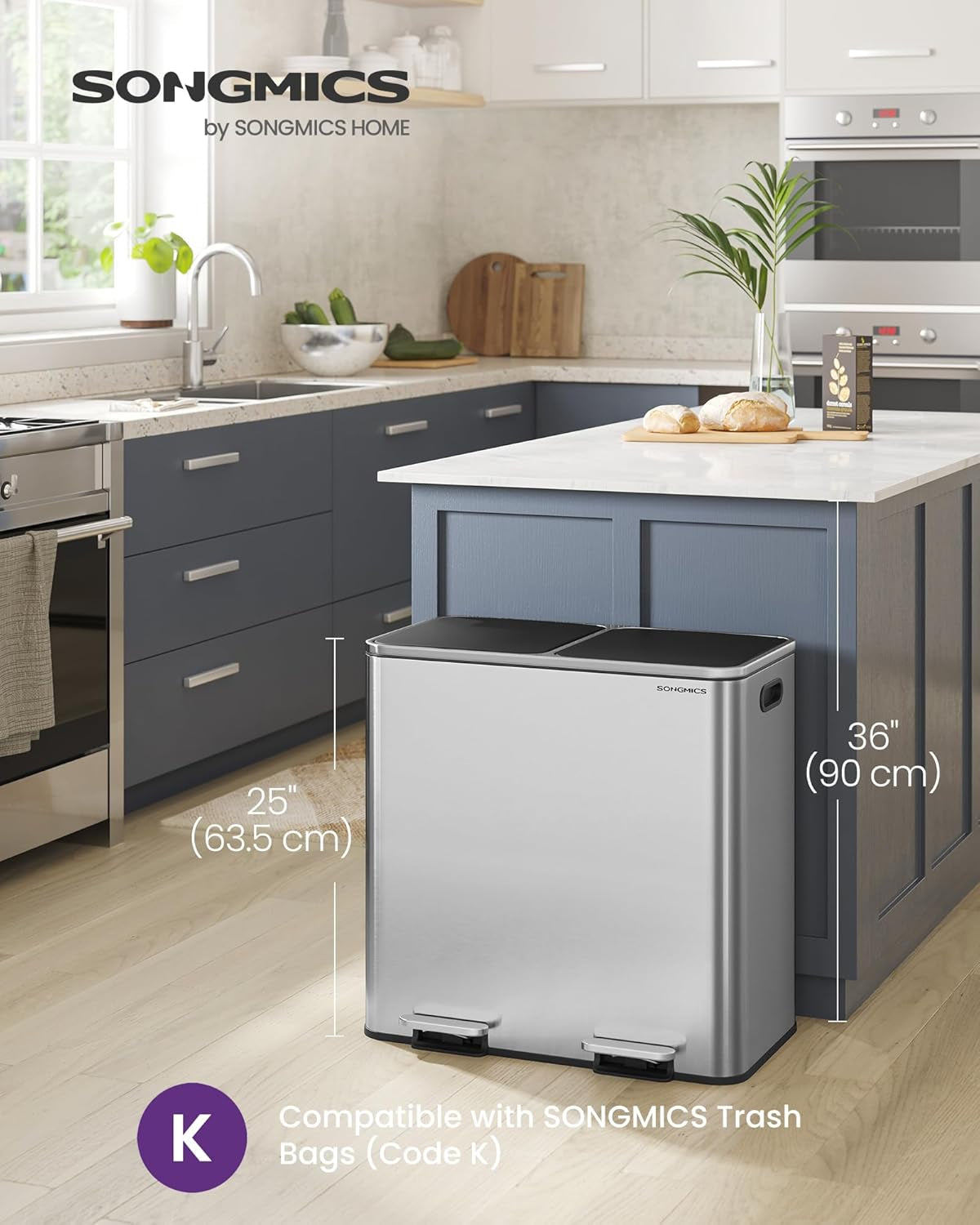 Trash Can, 2 X 10.6 Gallon (2 X 40 L) Garbage Can for Kitchen, with 15 Trash Bags, 2 Compartments, Plastic Inner Buckets and Hinged Lids, Airtight, Silver and Black ULTB730E80