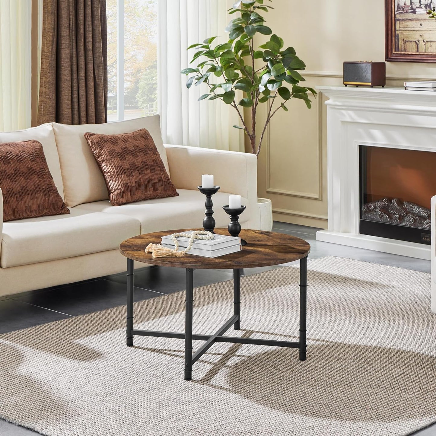round Coffee Table, Small Coffee Table with Sturdy Metal Legs for Living Room, Rustic Wood Circle Tables Easy to Assemble, 31.5 X 17.7 Inches