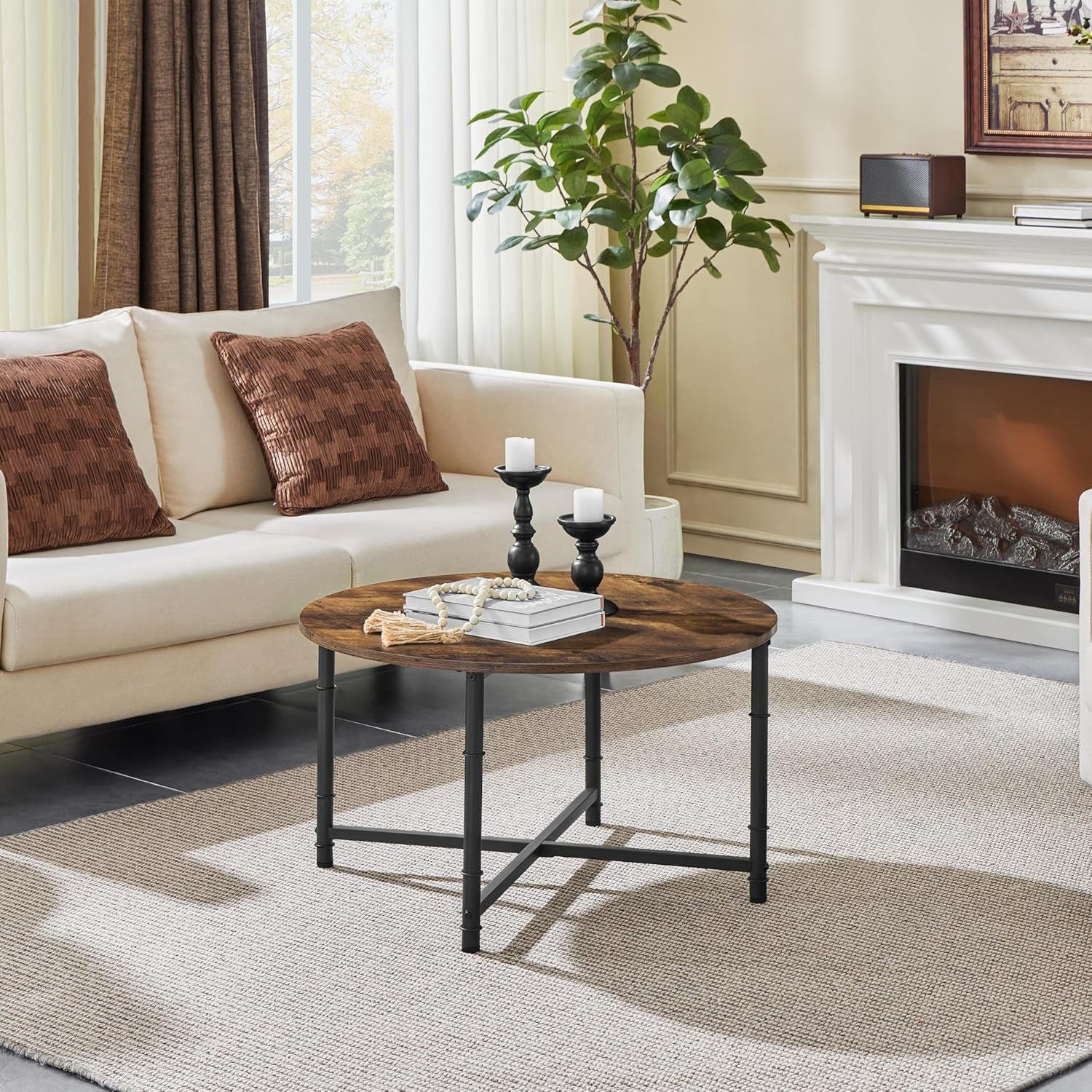 round Coffee Table, Small Coffee Table with Sturdy Metal Legs for Living Room, Rustic Wood Circle Tables Easy to Assemble, 31.5 X 17.7 Inches