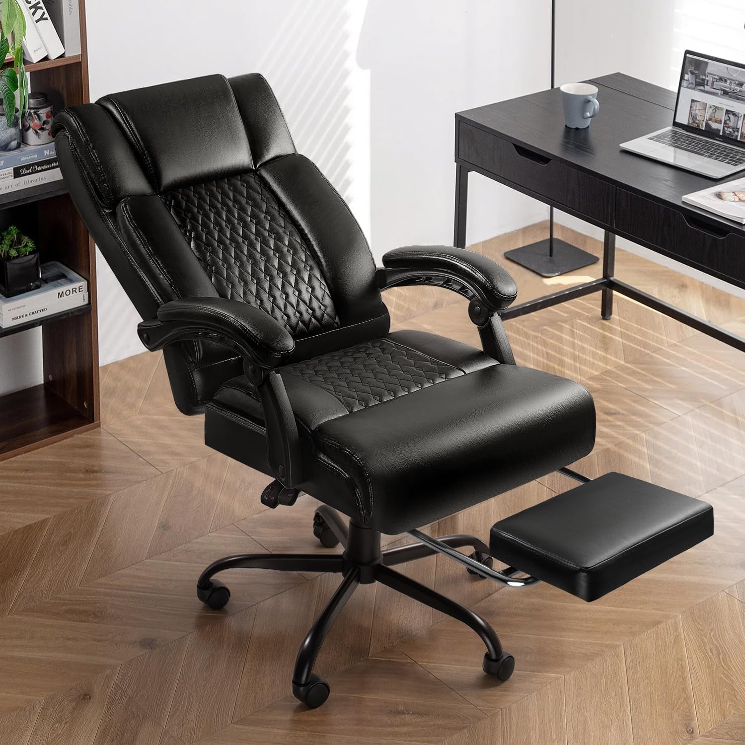 400Lbs Executive Office Chair with Foot Rest, Heavy Duty Big and Tall Desk Chair, Ergonomic High Back PU Leather Computer Chairs (Black)