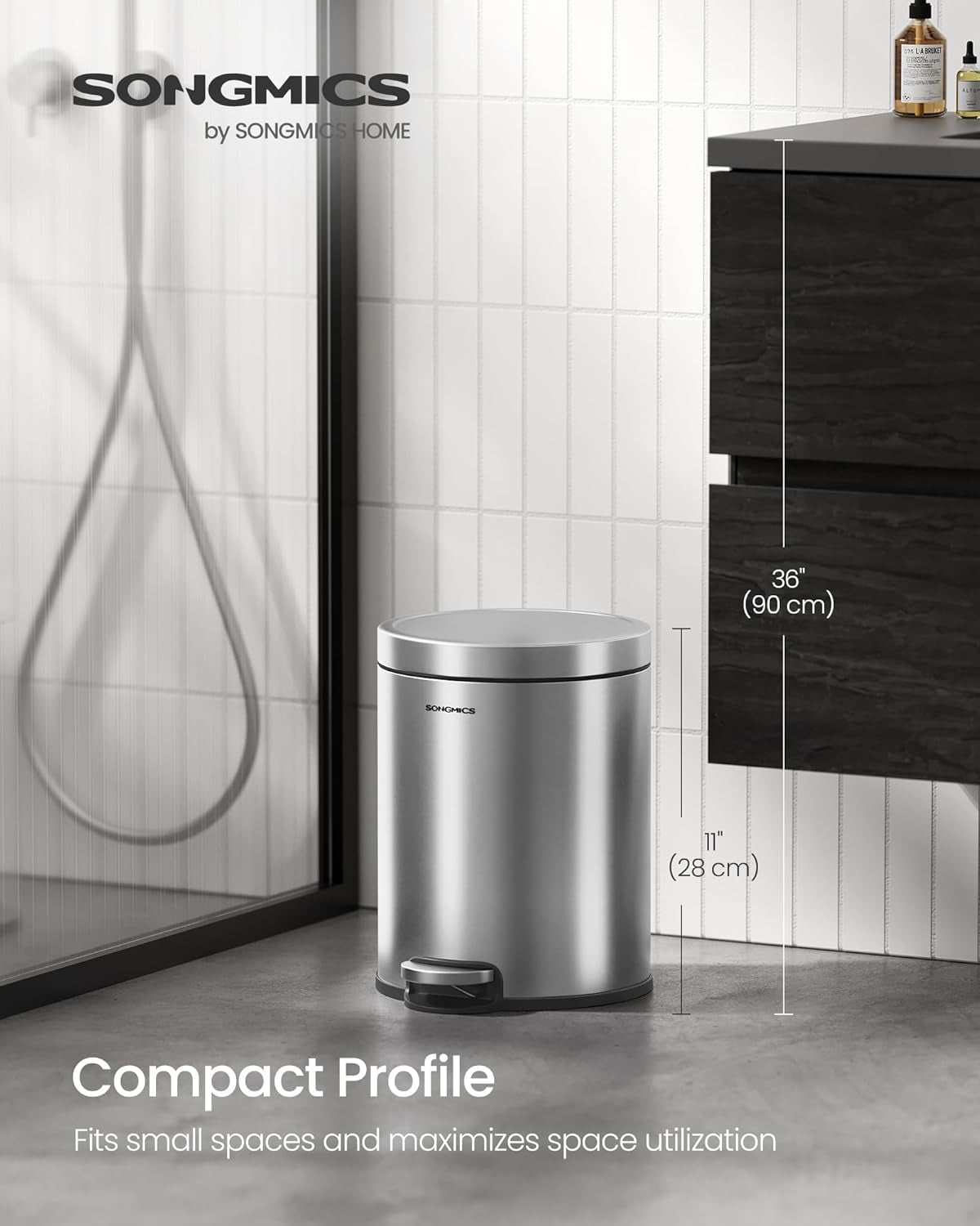 Bathroom Trash Can, 1.6 Gallon (6 L) Small Toilet Garbage Bin with Lid, Soft-Close, Stainless Steel, Pedal, Inner Bucket, Bedroom, Metallic Silver ULTB016EZ01