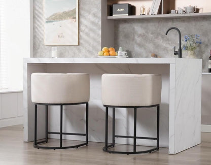 Cream linen upholstered counter height bar stools set of three with black metal base, view 7