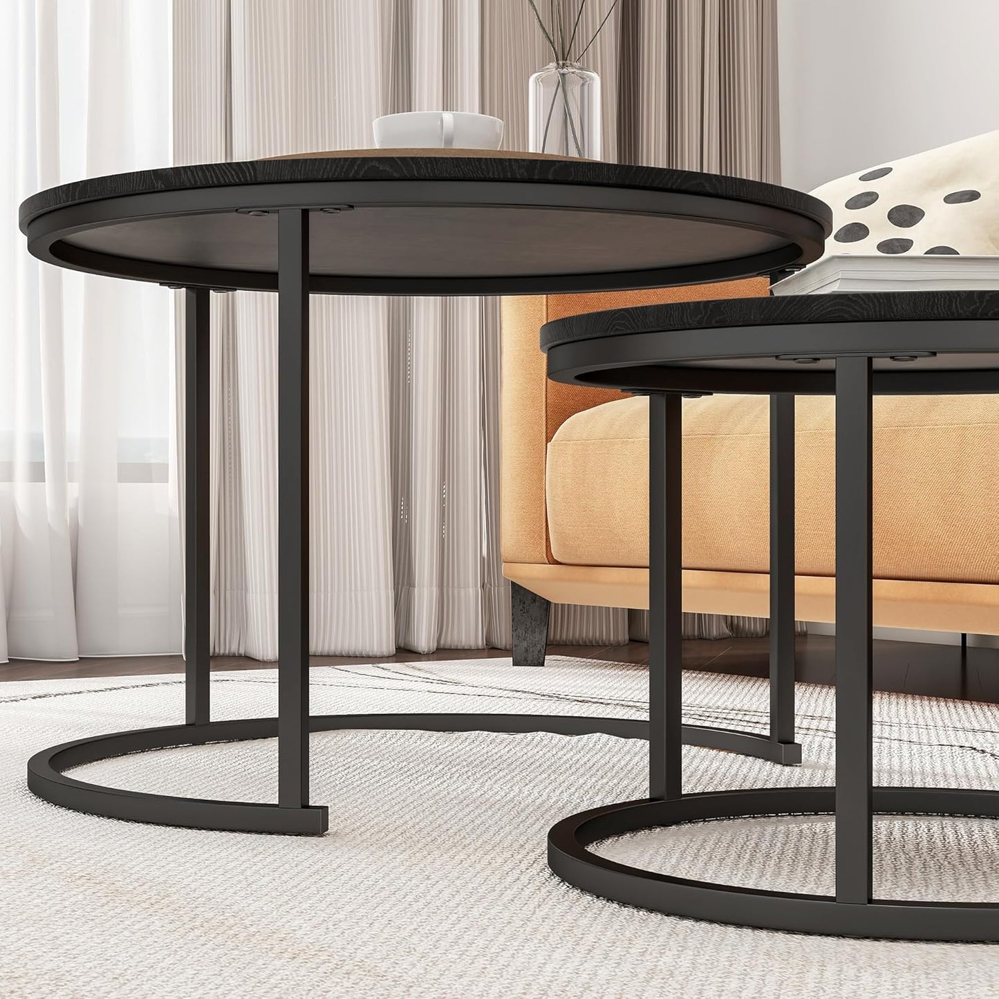 round Coffee Table,Nesting Coffee Table Set of 2,Center Tables for Living Room,Office, Home Small Space,Stacking Side Tables,Sturdy and Easy Assembly,Wood Desktop,Black,Large