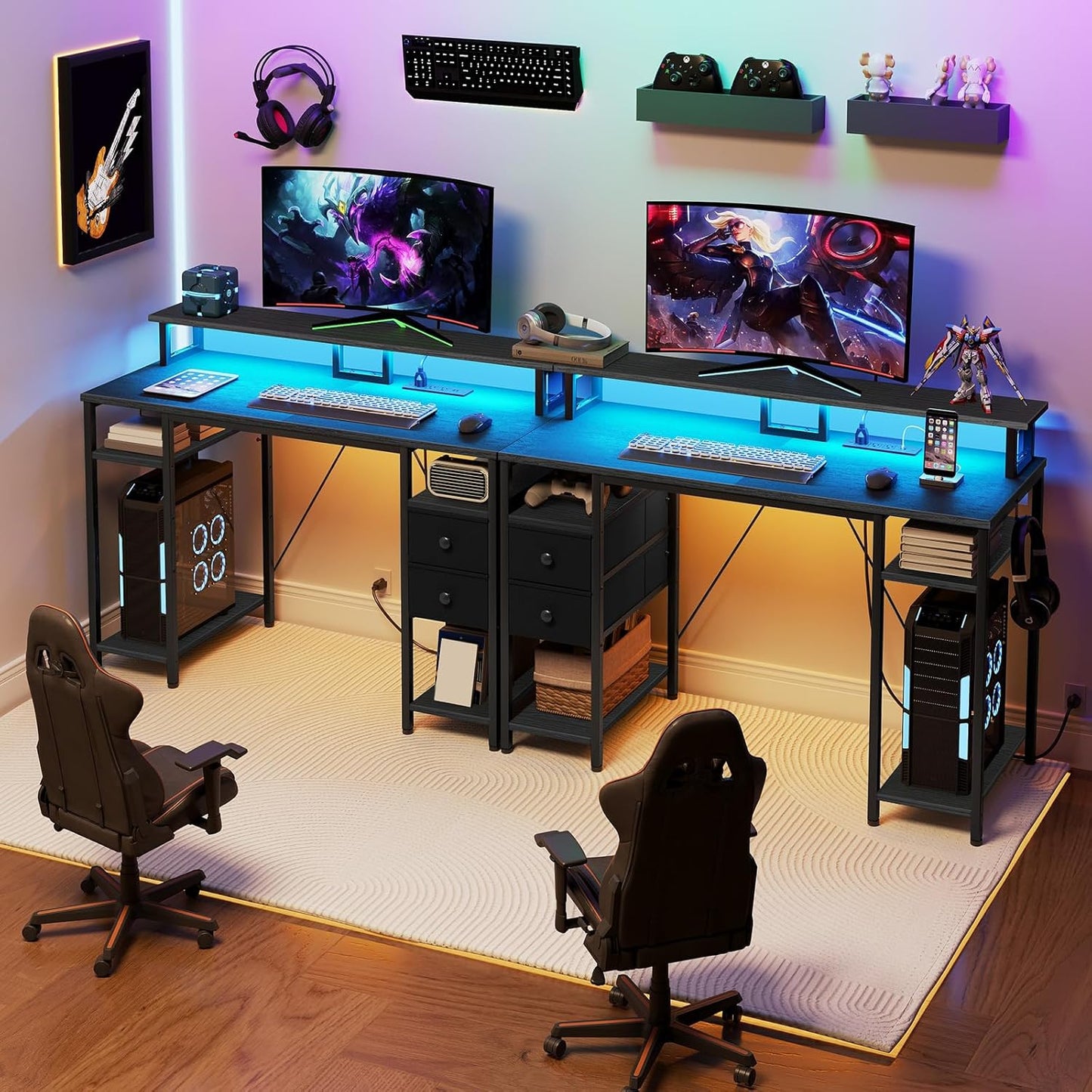 47 Inch Gaming Desk with LED Lights & Power Outlets, Computer Desk with Monitor Stand and Drawers, Gaming Table with Storage Shelves for Home Office, Study, Working, Black BB47UDDN01