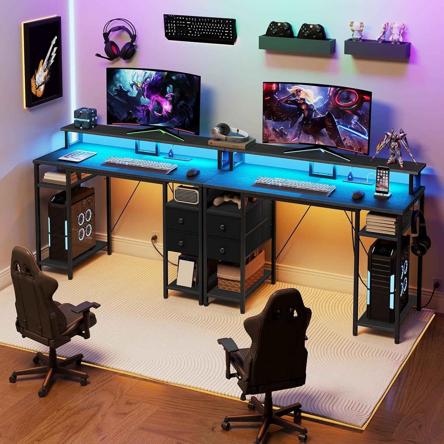 47 Inch Gaming Desk with LED Lights & Power Outlets, Computer Desk with Monitor Stand and Drawers, Gaming Table with Storage Shelves for Home Office, Study, Working, Black BB47UDDN01