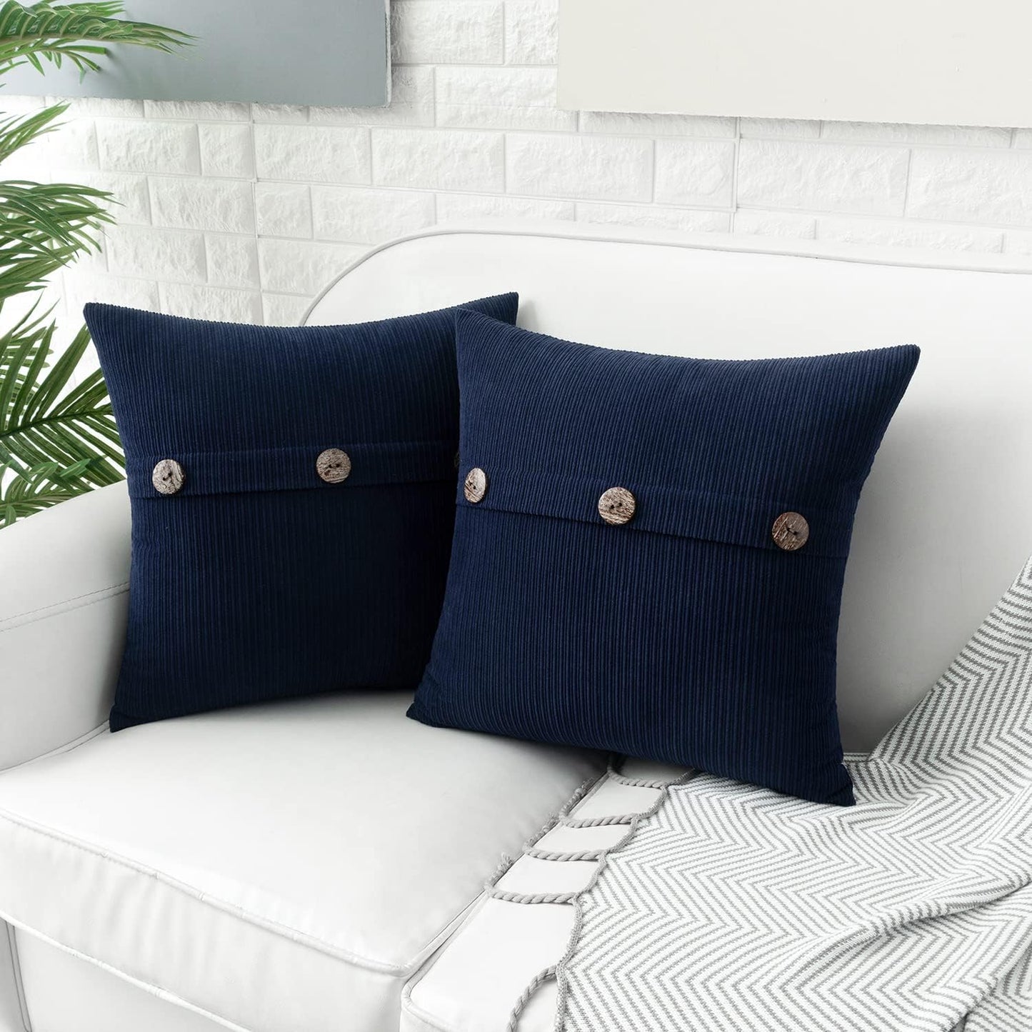 Navy Blue Chenille Throw Pillow Covers 18X18 Inch with Triple Buttons, Soft Farmhouse Accent Decorative Cushion Cases for Couch Sofa Bed Living Room Pack of 2
