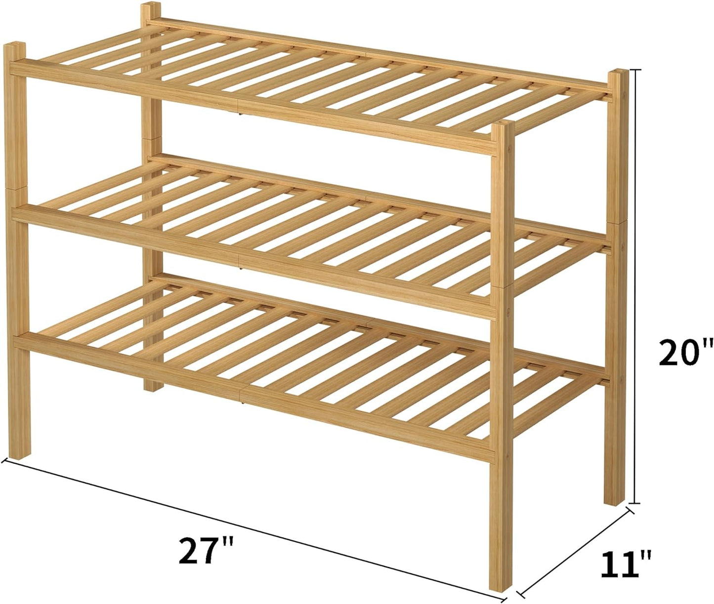 3 Tier Bamboo Shoe Rack for Closet Free Standing Wood Shoe Shelf Storage Organizer for Entryway Small Space Stackable 27"X11"X20" (Natural)