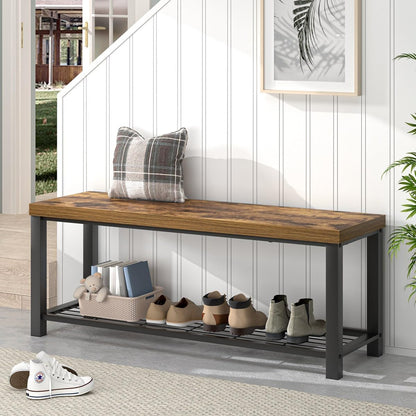 Entryway Bench, Modern Wood and Metal Storage Bench for Hallway Front Door Entrance, Industrial Indoor Shoe Rack Bench Seat for Living Room Bedroom, 43.3 Inch Rustic Brown