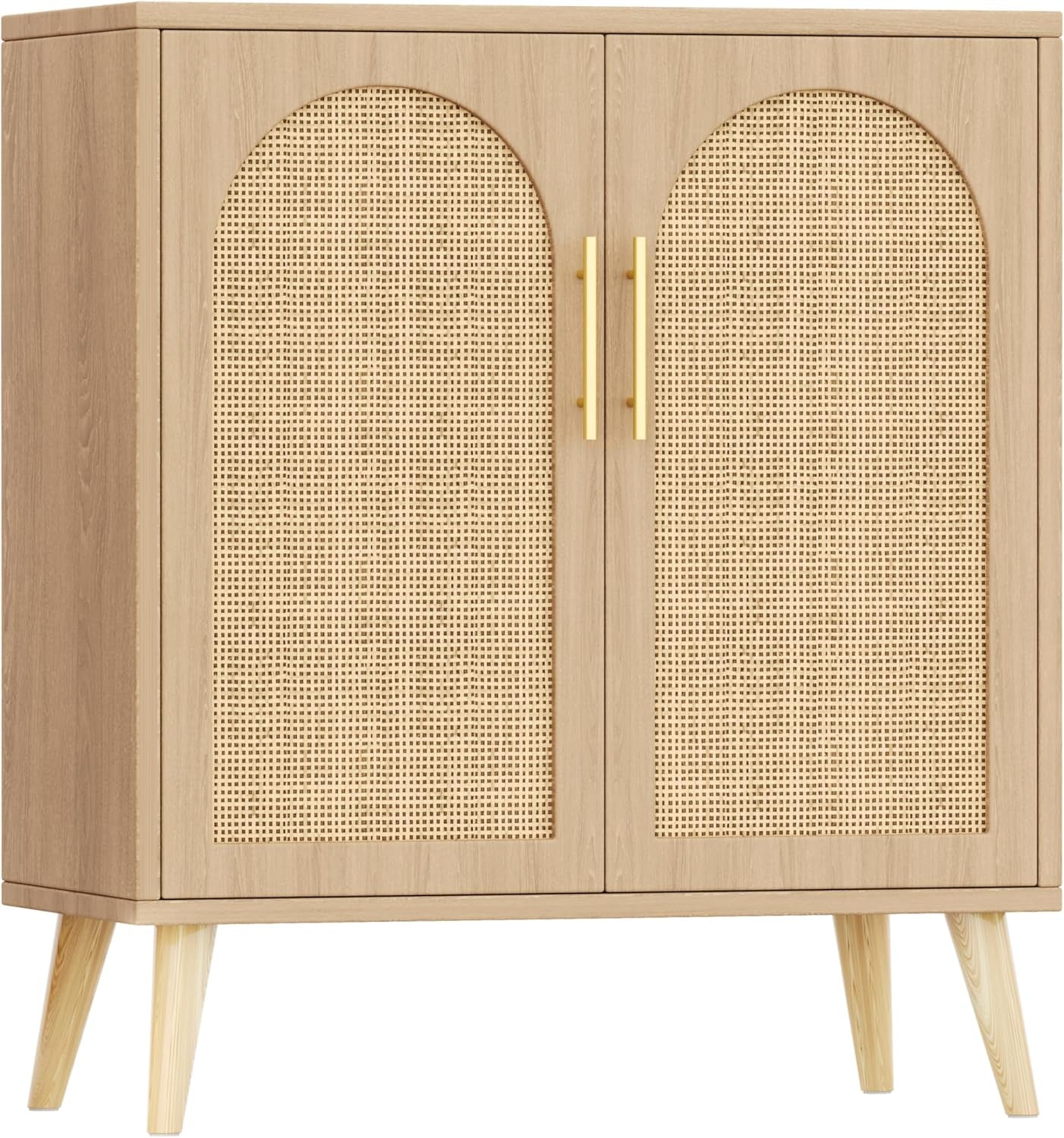 Rattan Buffet Cabinet with Storage, Boho Buffet Table with Adjustable Shelf and Solid Wood Legs, Accent Sideboard with Doors, Floor Cabinet for Kitchen, Dining Room and Living Room, Natural