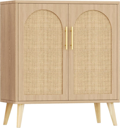 Rattan Buffet Cabinet with Storage, Boho Buffet Table with Adjustable Shelf and Solid Wood Legs, Accent Sideboard with Doors, Floor Cabinet for Kitchen, Dining Room and Living Room, Natural