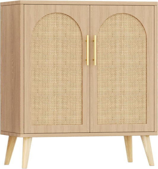 Rattan Buffet Cabinet with Storage, Boho Buffet Table with Adjustable Shelf and Solid Wood Legs, Accent Sideboard with Doors, Floor Cabinet for Kitchen, Dining Room and Living Room, Natural