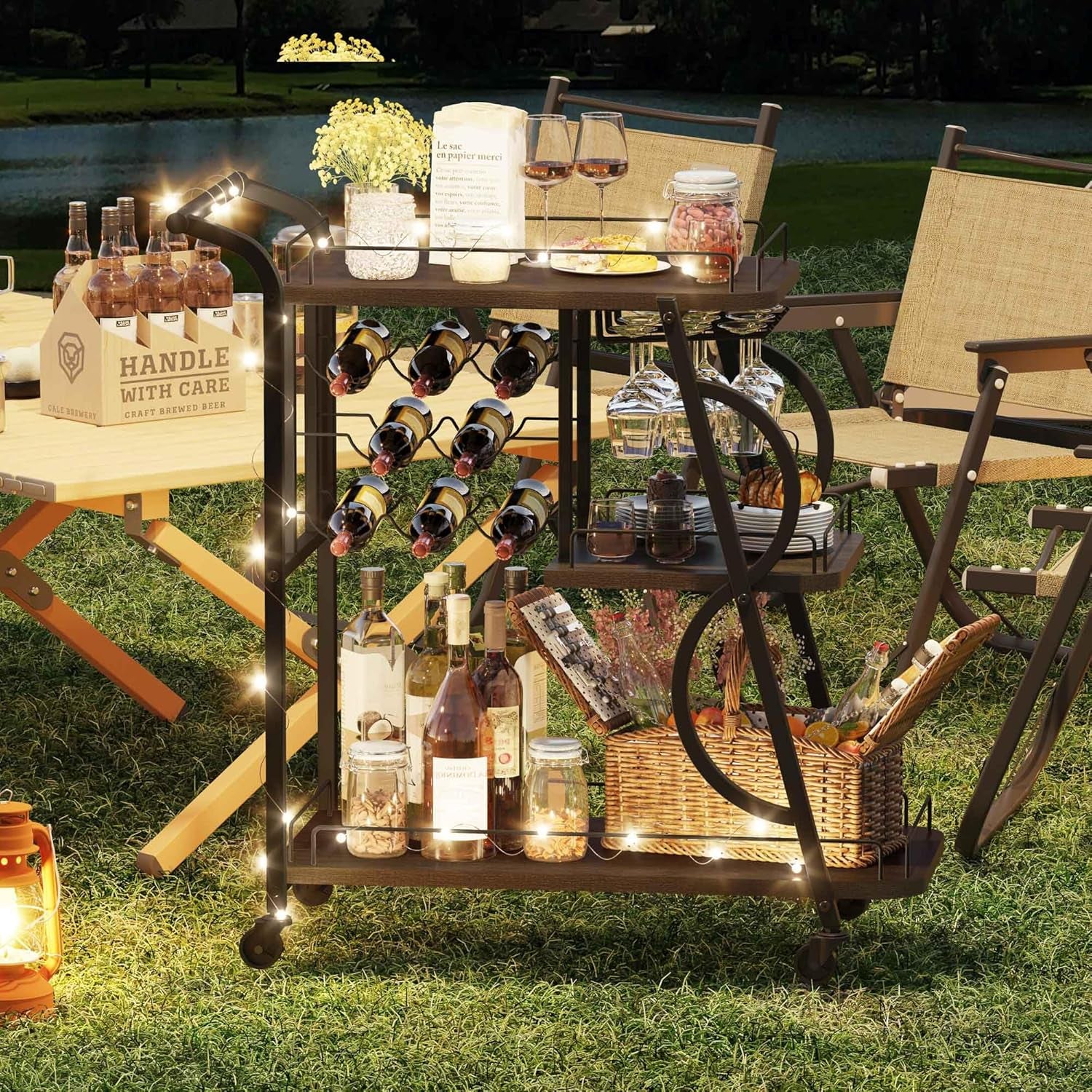 Rustic Bar Cart, 3 Tier Rolling Bar Carts for the Home, Industrial Home Serving Cart with Wine Glass Holder, Wood Metal Liquor Trolley, Mobile Beverage and Drink Carts (Walnut Brown)