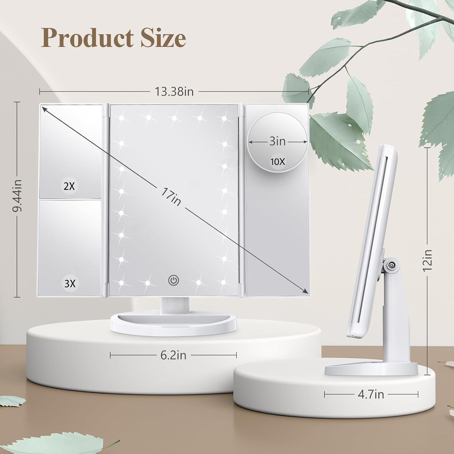 Makeup Mirror Vanity with Lights, 2X 3X 10X Magnification, Touch Control, Trifold Mirror, Dual Power Supply, Gifts for Women, Wife, Mom, Teengirls(White)