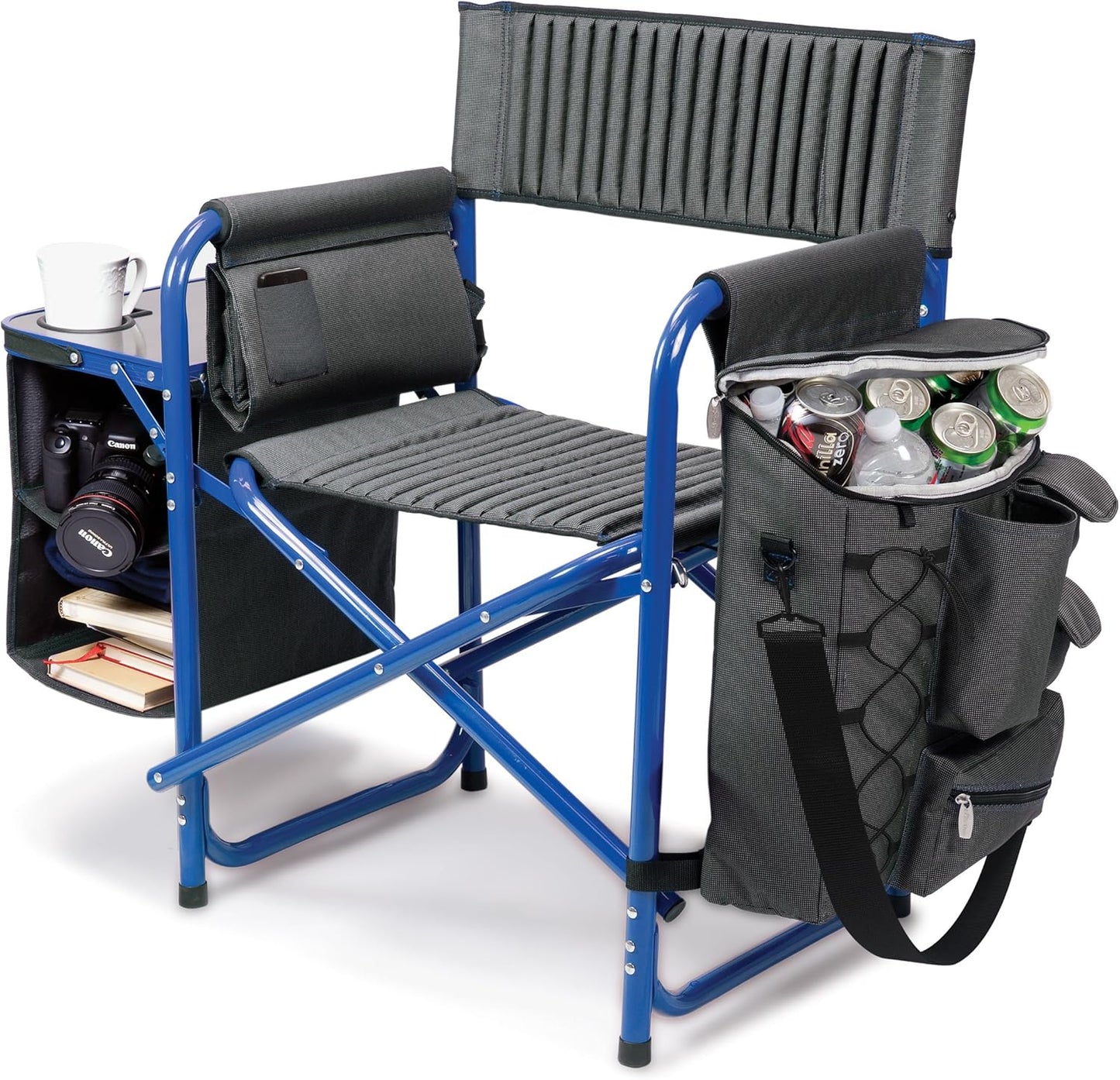 Fusion Camping Chair with Side Table and Soft Cooler, Outdoor Foldable Padded Camping Chairs with Cup Holder for Lawn, Beach, & Sports Use for Adults, (Dark Gray Blue Accents)