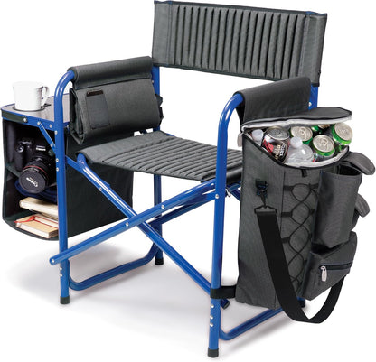 Fusion Camping Chair with Side Table and Soft Cooler, Outdoor Foldable Padded Camping Chairs with Cup Holder for Lawn, Beach, & Sports Use for Adults, (Dark Gray Blue Accents)
