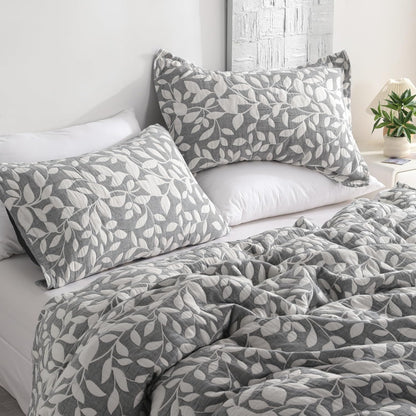 Cotton Standard Pillow Shams, 3 Layer Muslin Breathable Soft Thermal Yarn Dyed Sham Covers, 2 Pack 20X26 Oxford Pillowcases with Envelope Closure, Grey Leaf