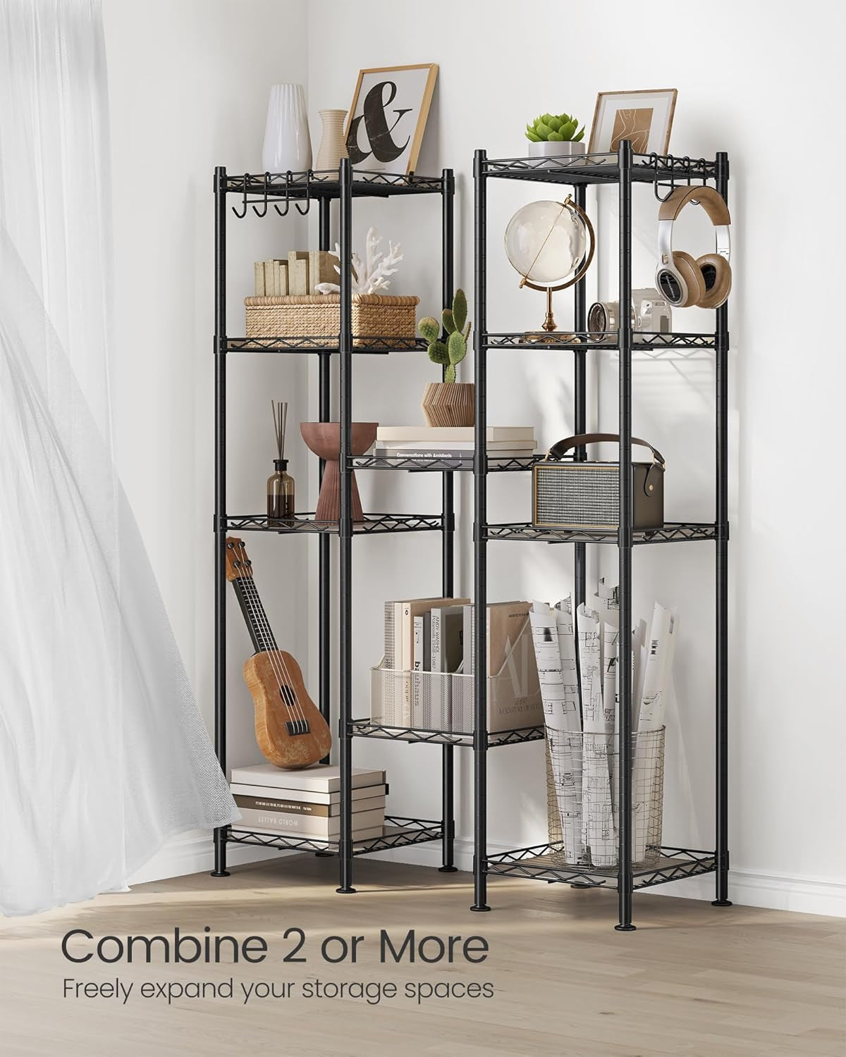 5-Tier Bathroom Shelf, Storage Rack for Small Space, with 5 PP Shelf Liners, Removable Hook, Extendable Design, Ink Black and Translucent ULGR23BK