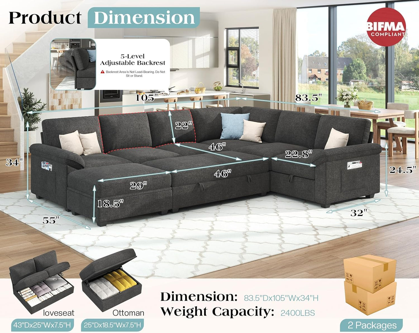 105" Sofa Bed, Sectional Sleeper Sofa with Pull Out Bed/Reclining Backrest, Sleeper Couch Bed with Storage, 6 Seater Couch Bed for Living Room, Chenille Dark Gray