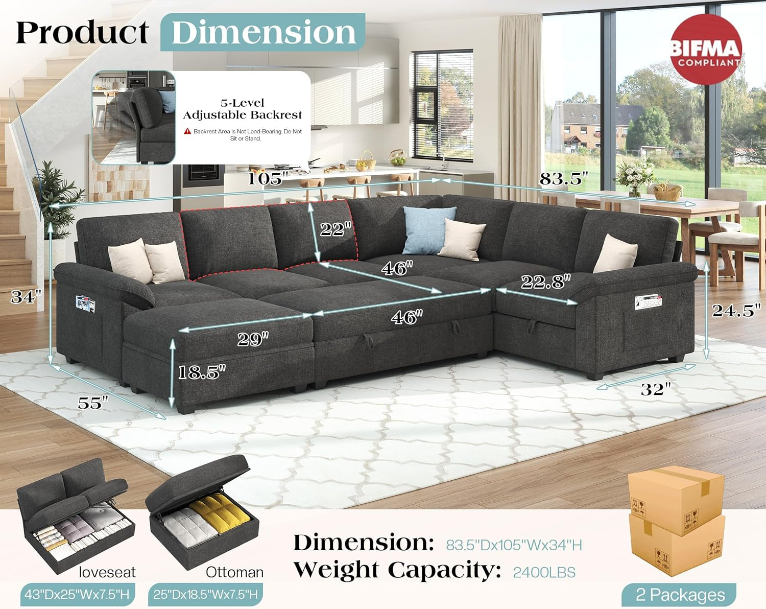 105" Sofa Bed, Sectional Sleeper Sofa with Pull Out Bed/Reclining Backrest, Sleeper Couch Bed with Storage, 6 Seater Couch Bed for Living Room, Chenille Dark Gray
