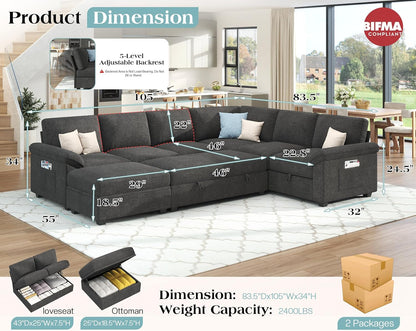 105" Sofa Bed, Sectional Sleeper Sofa with Pull Out Bed/Reclining Backrest, Sleeper Couch Bed with Storage, 6 Seater Couch Bed for Living Room, Chenille Dark Gray