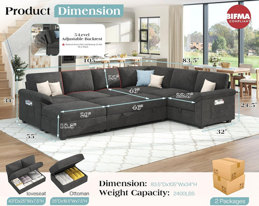 105" Sofa Bed, Sectional Sleeper Sofa with Pull Out Bed/Reclining Backrest, Sleeper Couch Bed with Storage, 6 Seater Couch Bed for Living Room, Chenille Dark Gray