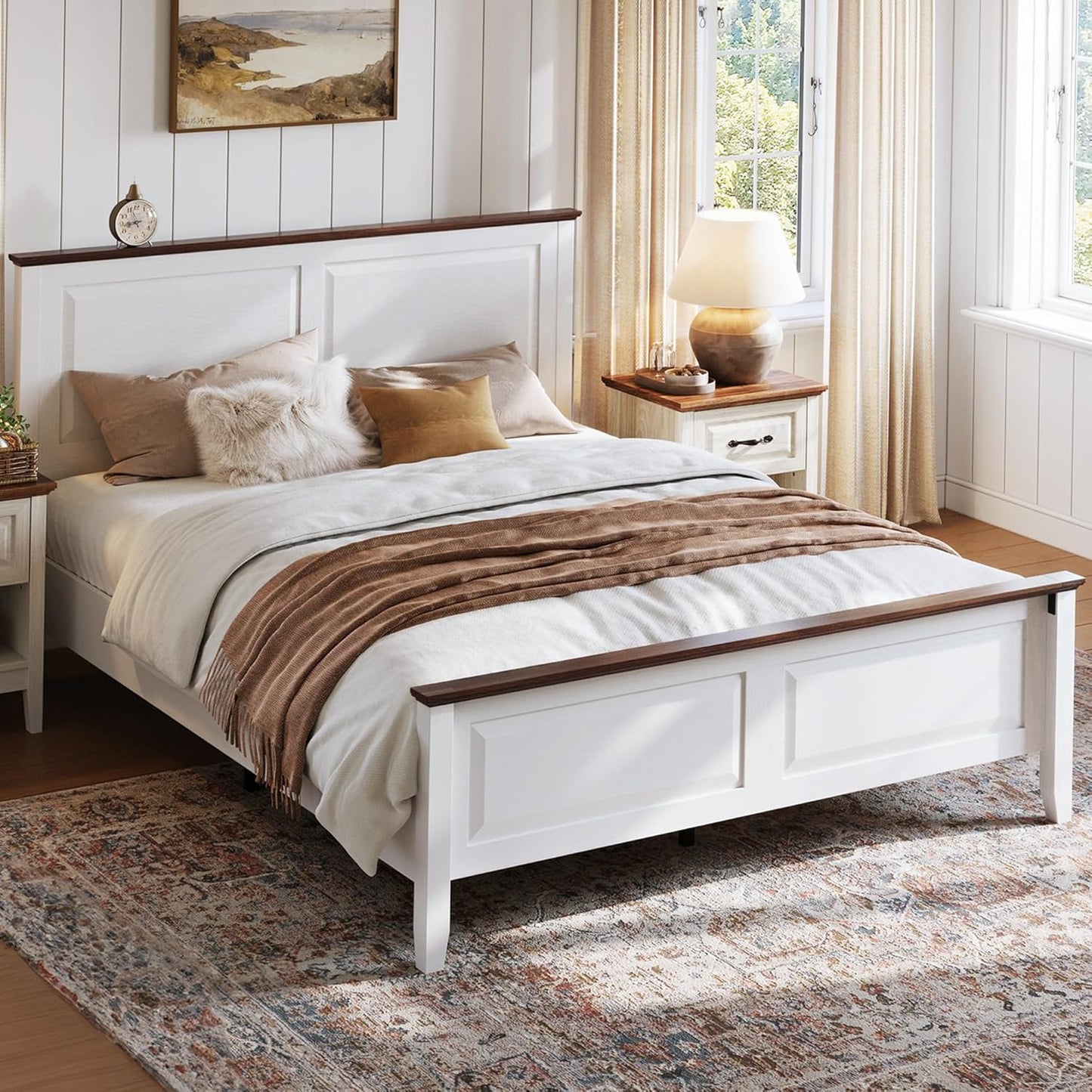 Farmhouse Bed Frame, Full Bedframe with Headboard and Footboard, Wooden Bed Frame with Solid Wood Slats, Rustic White Platform Bed Frames Full Size, No Box Spring Needed