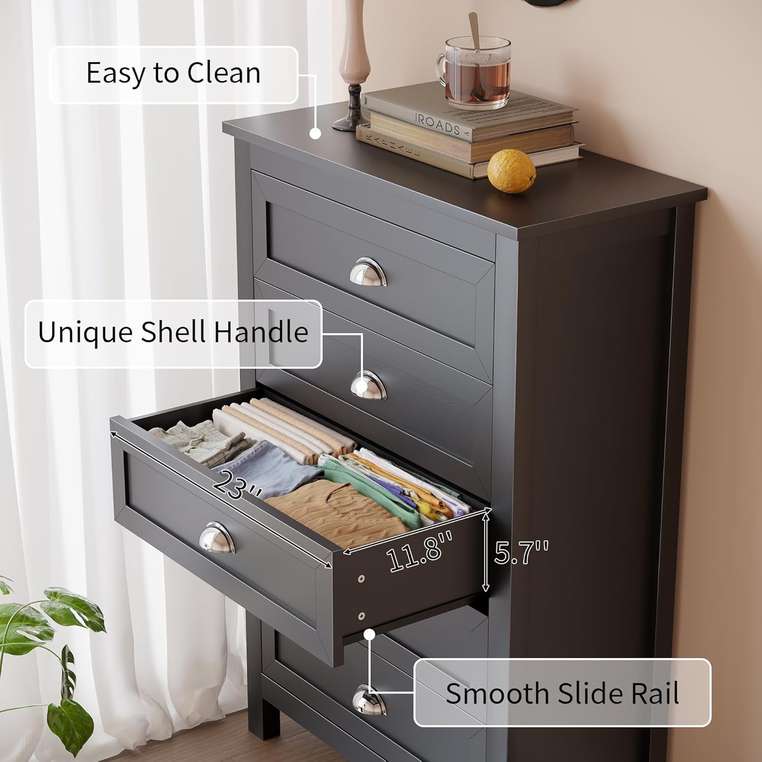 Farmhouse 2-Piece Bedroom Dresser Set, 7 Drawer Wide Dresser & 5 Drawer Tall Dressers, Distressed Wood Grain Finish with Shell Handles, Dressers Chest of Drawers for Bedroom